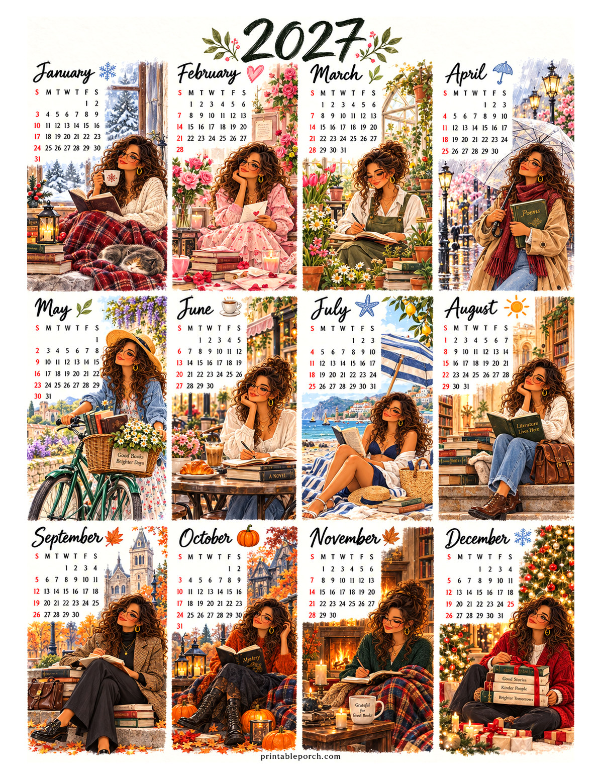 Aesthetic Calendar 2027 Yearly Calendar - Bookish Pastel Muse