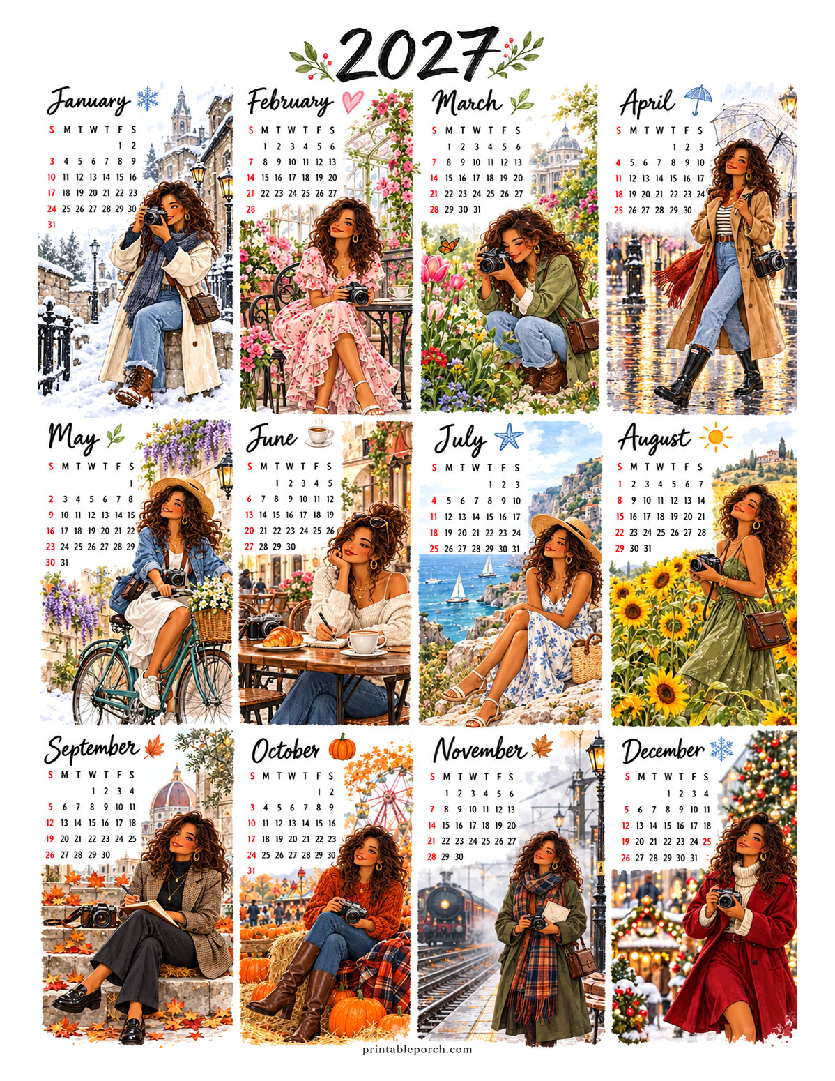 Aesthetic Calendar 2027 Yearly Calendar - Camera Girl