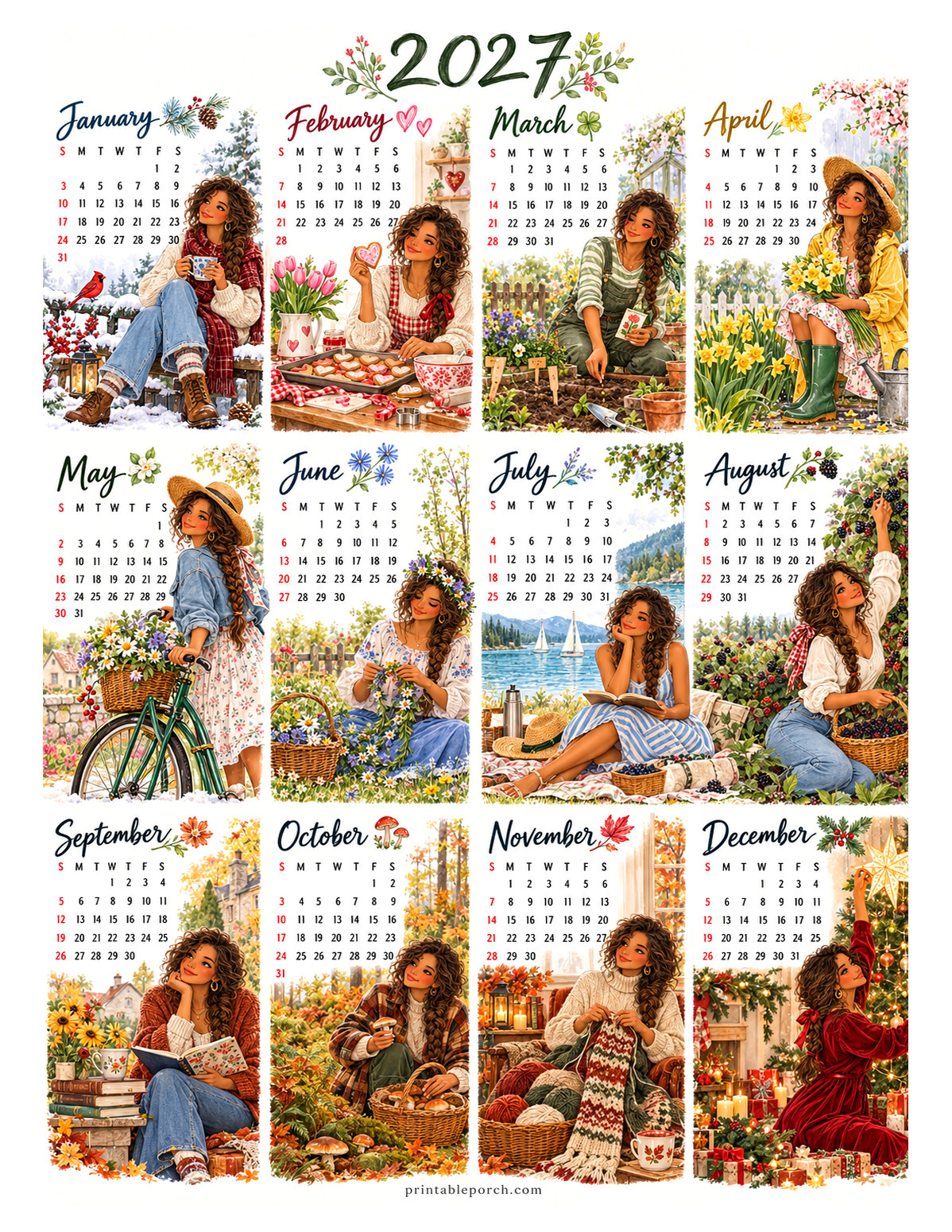 Aesthetic Calendar 2027 Yearly Calendar - Cottage Garden Girl