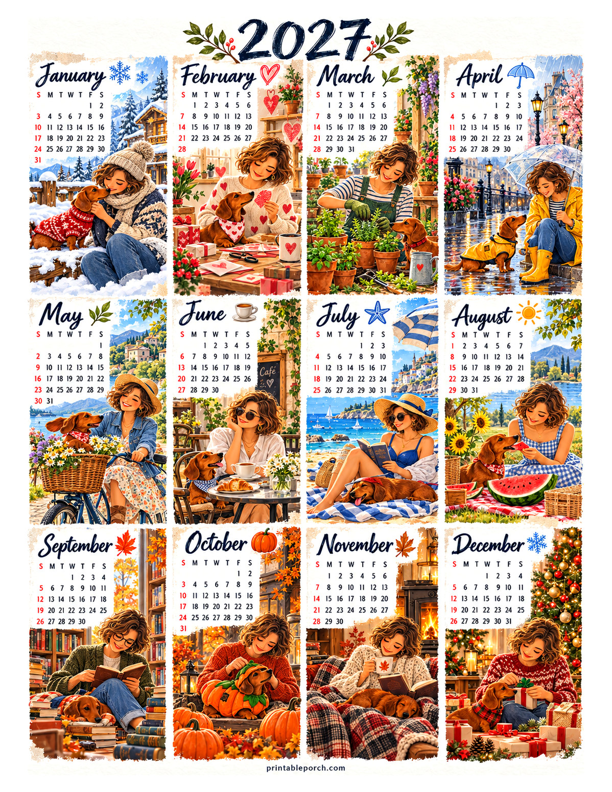 Aesthetic Calendar 2027 Yearly Calendar - Dachshund Days