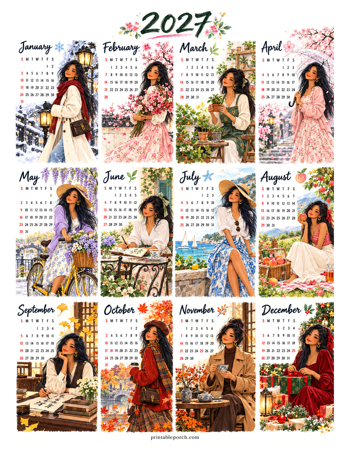 Aesthetic Calendar 2027 Yearly Calendar - Eastern Bloom