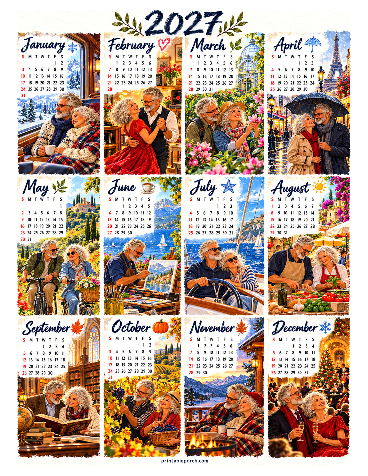 Aesthetic Calendar 2027 Yearly Calendar - Golden Years