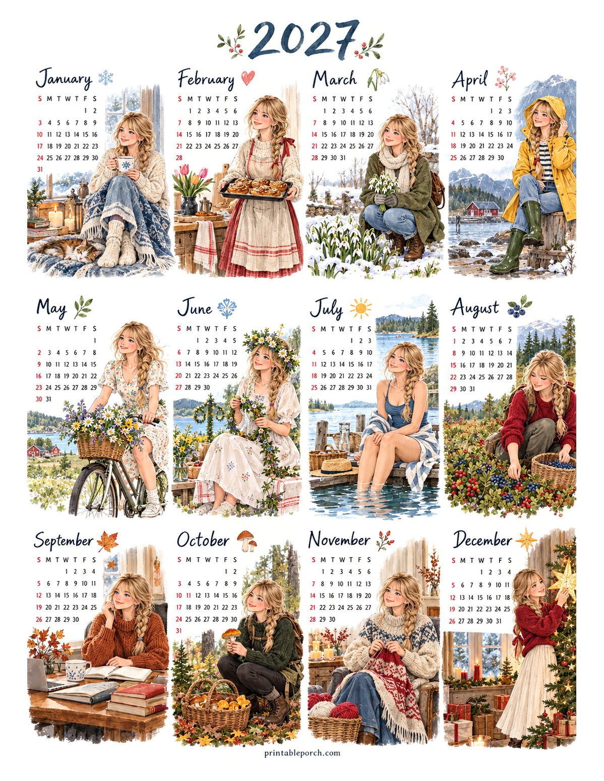 Aesthetic Calendar 2027 Yearly Calendar - Nordic Gouache