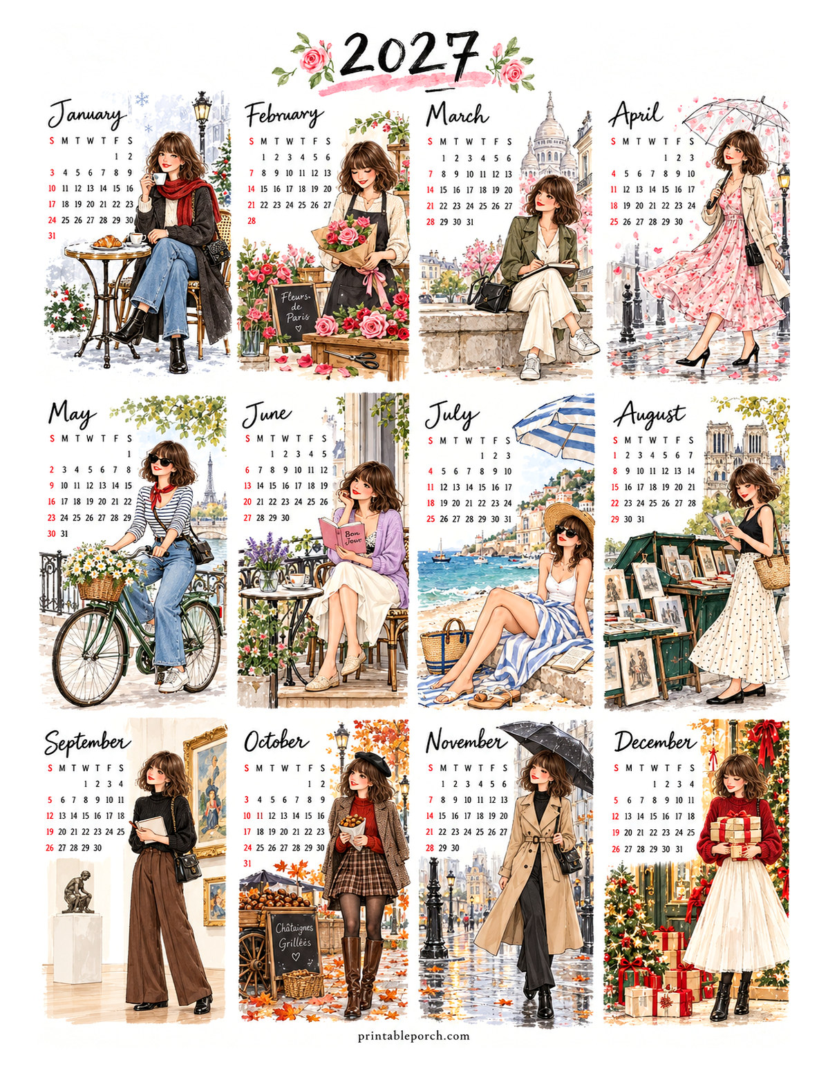 Aesthetic Calendar 2027 Yearly Calendar - Paris Bob