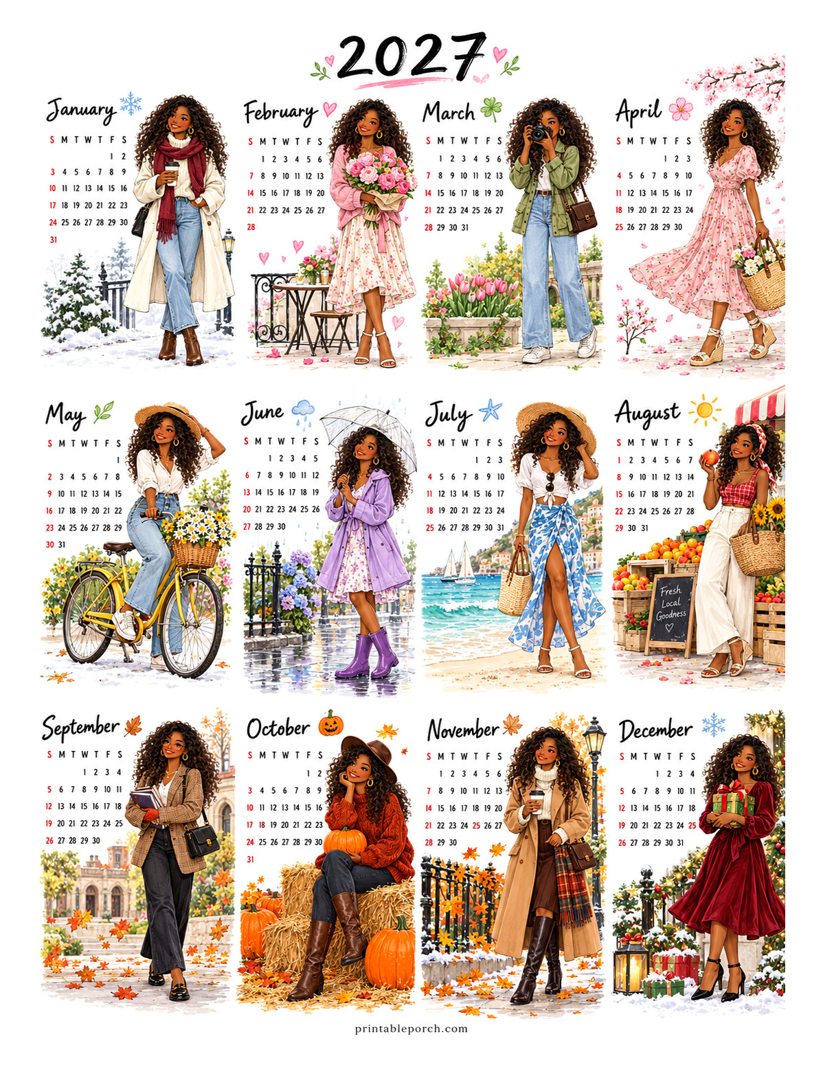 Aesthetic Calendar 2027 Yearly Calendar - Radiant Curly Muse