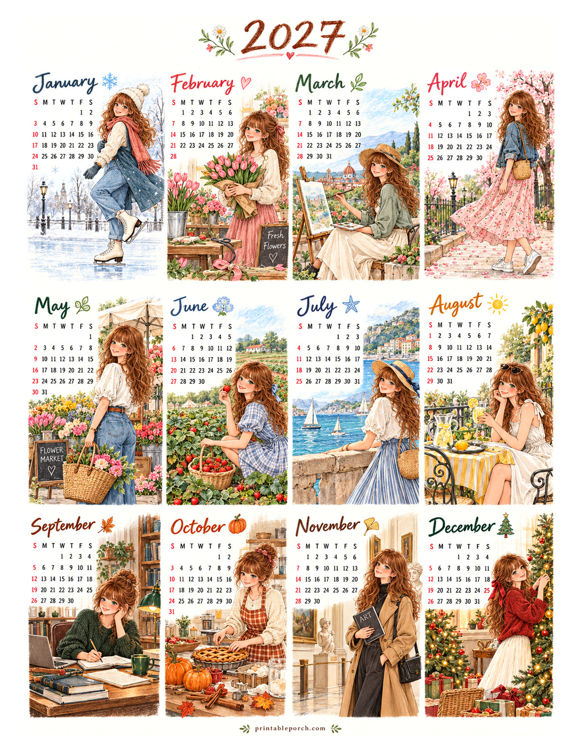 Aesthetic Calendar 2027 Yearly Calendar - Sketchbook Traveler