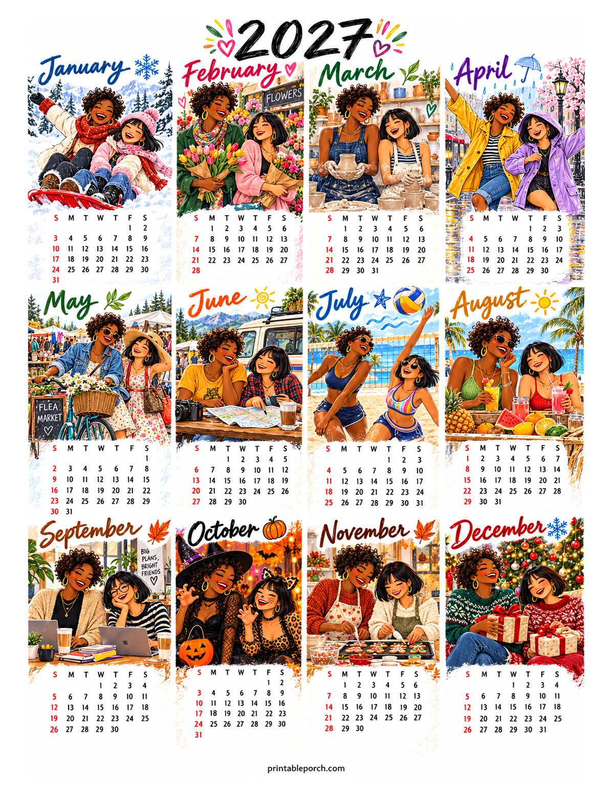 Aesthetic Calendar 2027 Yearly Calendar - Sunny Friends