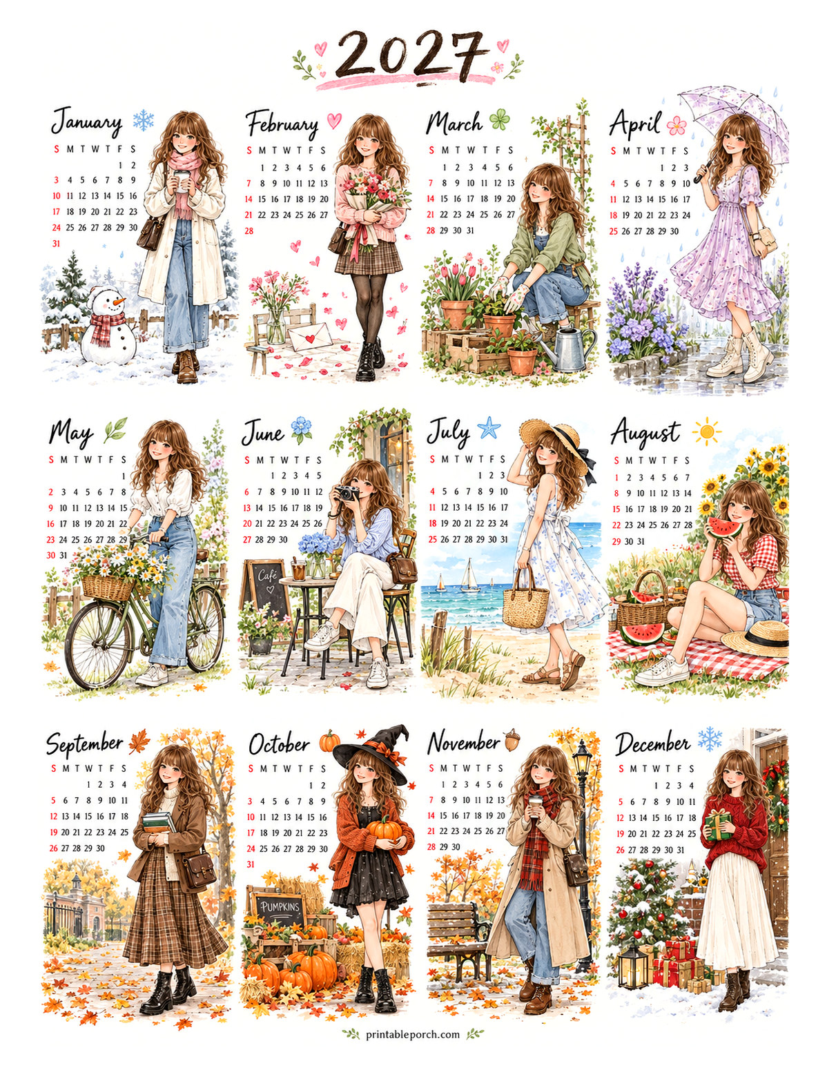 Aesthetic Calendar 2027 Yearly Calendar - Watercolor Wardrobe