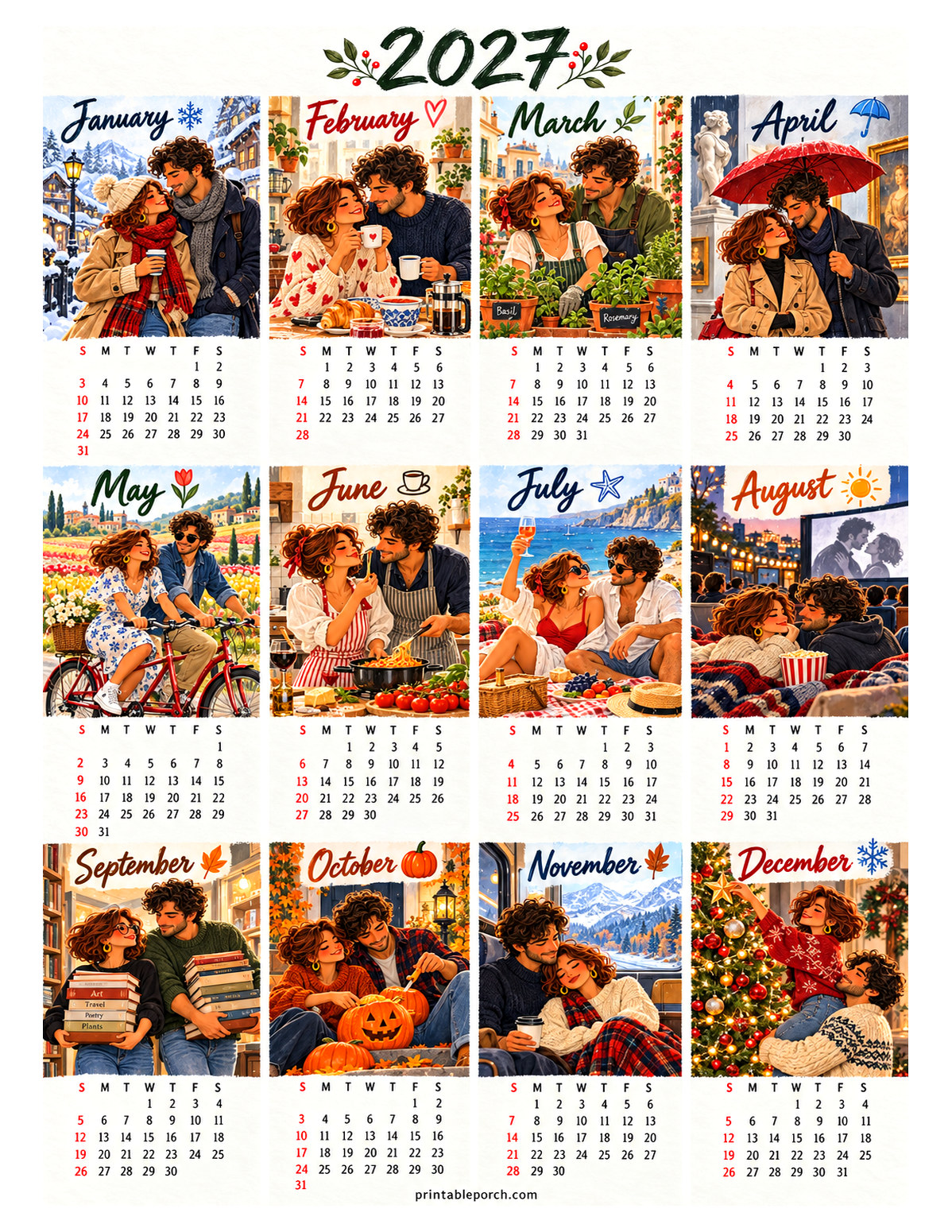 Aesthetic Calendar 2027 Yearly Calendar - Young Love