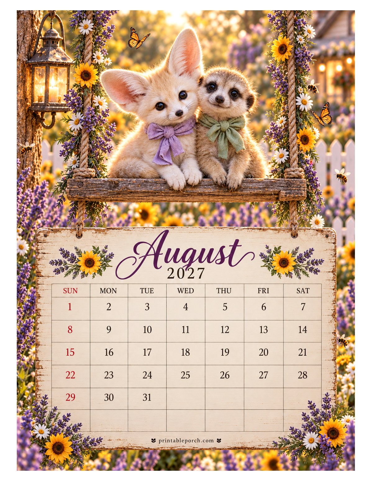 Animal Friends on the Swing August 2027 Calendar