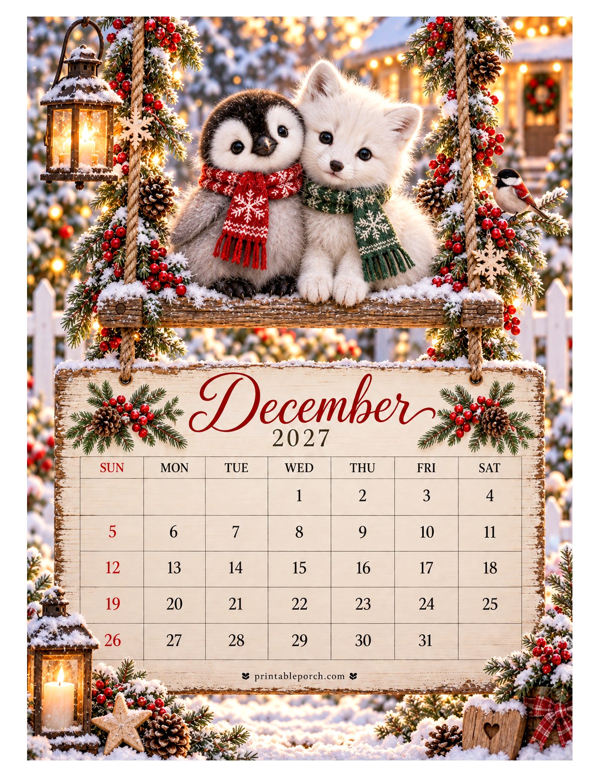 Animal Friends on the Swing December 2027 Calendar