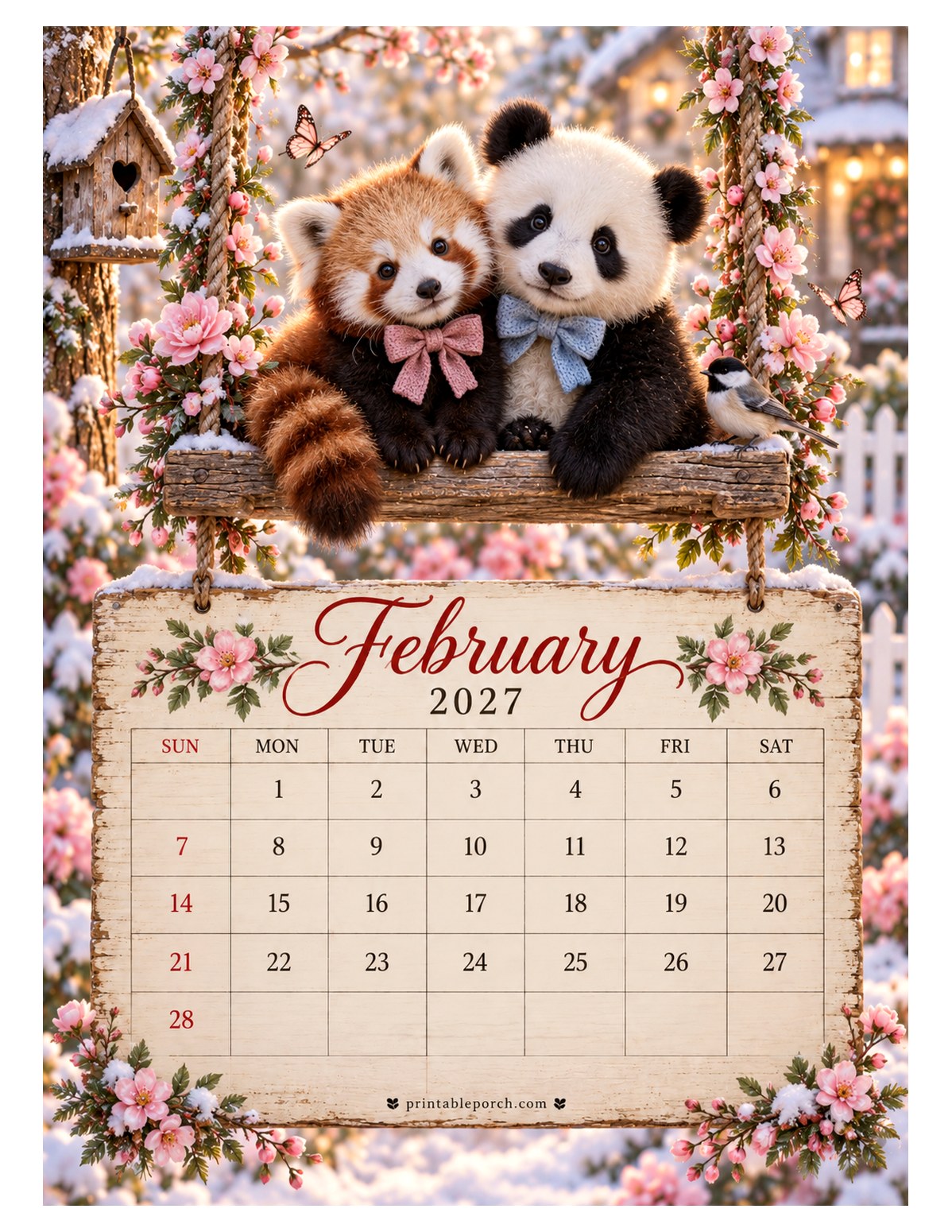 Animal Friends on the Swing February 2027 Calendar