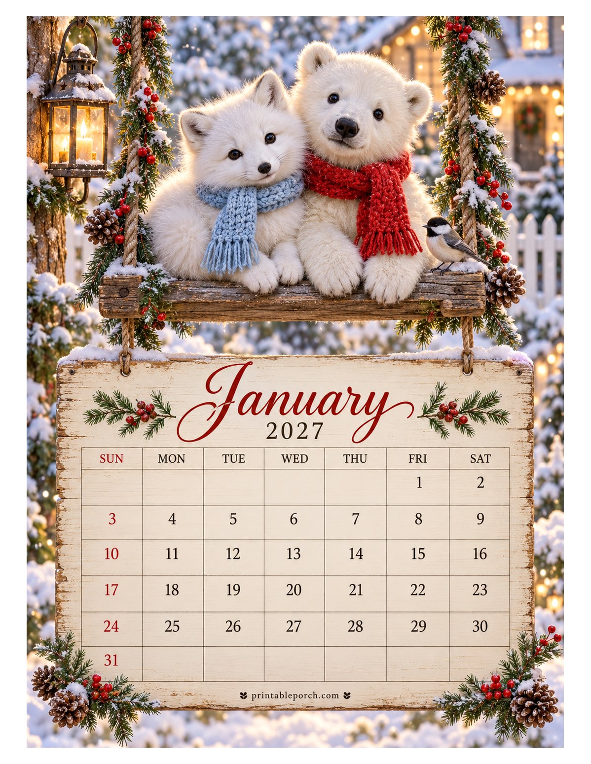 Animal Friends on the Swing January 2027 Calendar