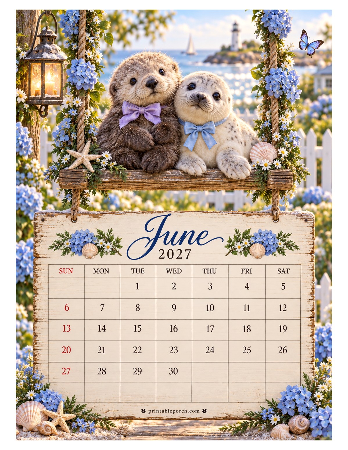 Animal Friends on the Swing June 2027 Calendar