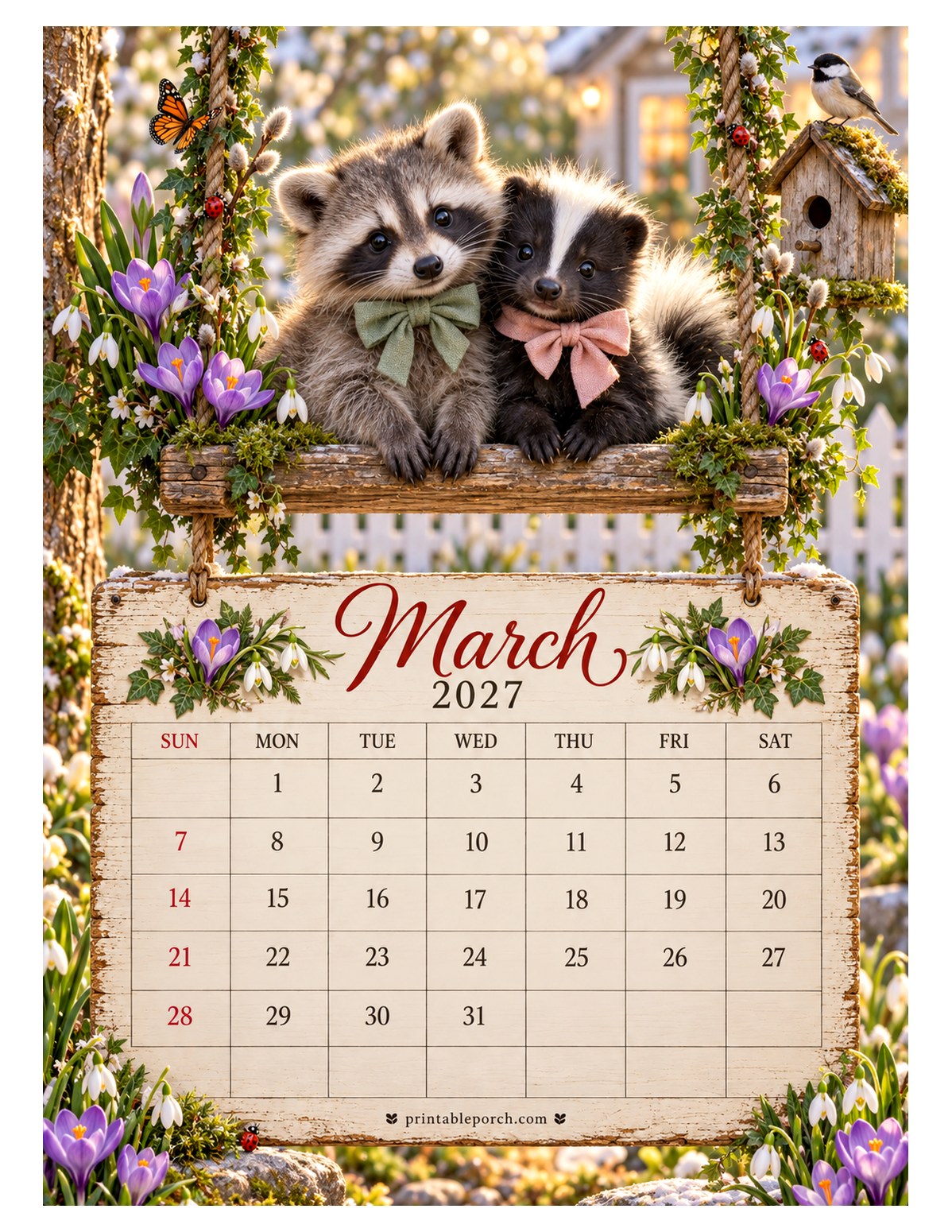 Animal Friends on the Swing March 2027 Calendar