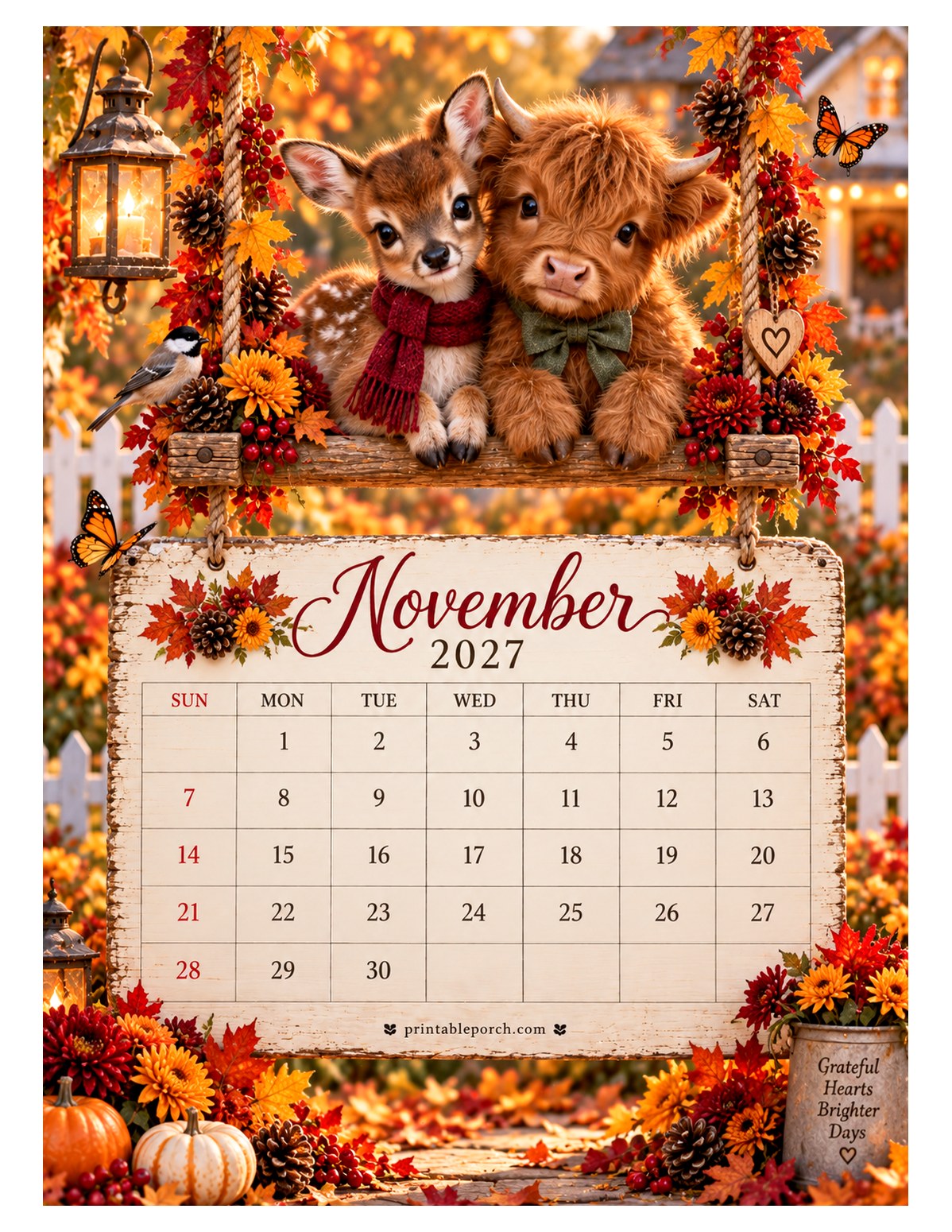Animal Friends on the Swing November 2027 Calendar