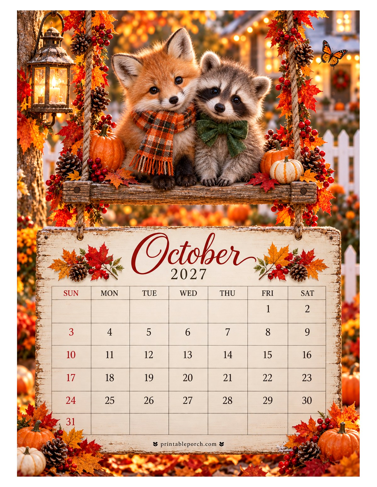 Animal Friends on the Swing October 2027 Calendar