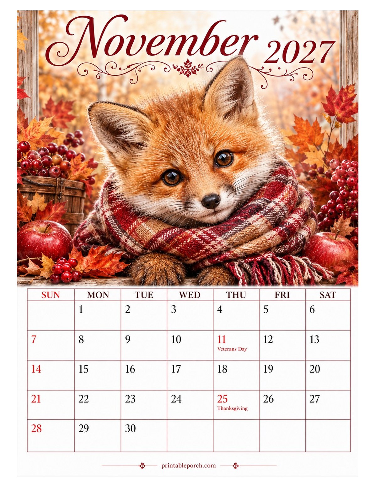 Baby Animals November 2027 Calendar