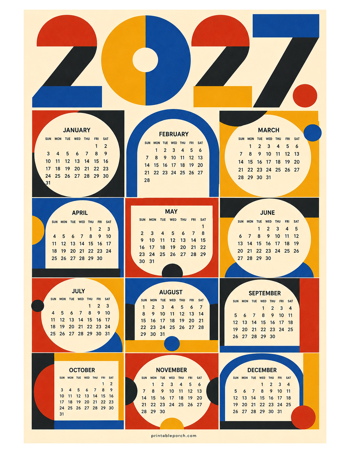 Bauhaus Shapes 2027 Yearly Calendar