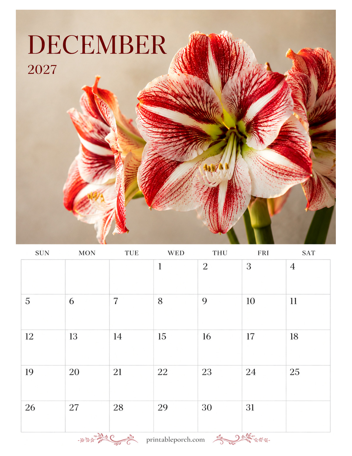 Bloom Portraits December 2027 Calendar