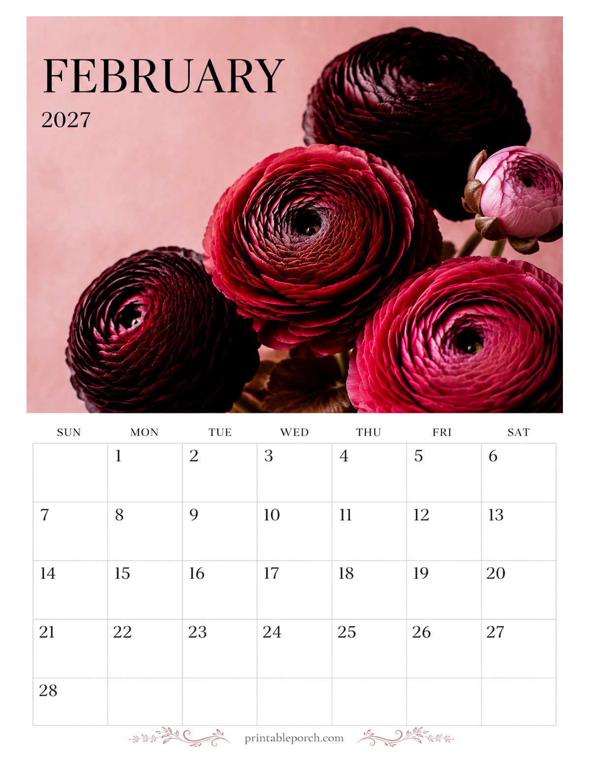 Bloom Portraits February 2027 Calendar