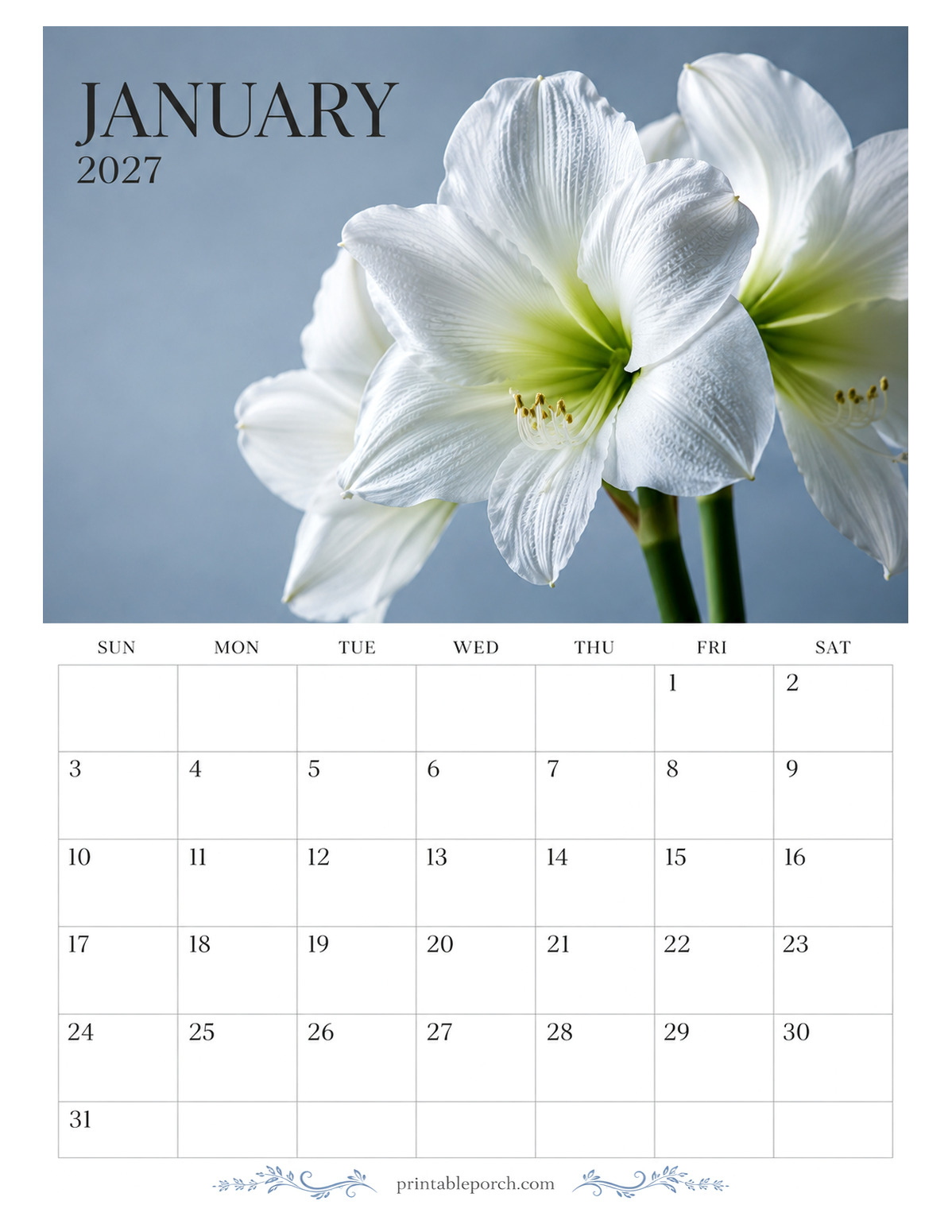 Bloom Portraits January 2027 Calendar