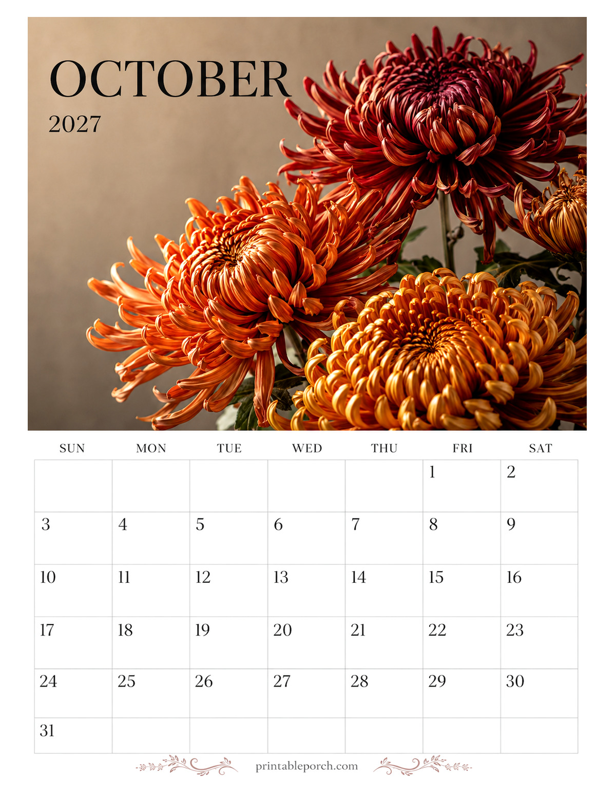 Bloom Portraits October 2027 Calendar