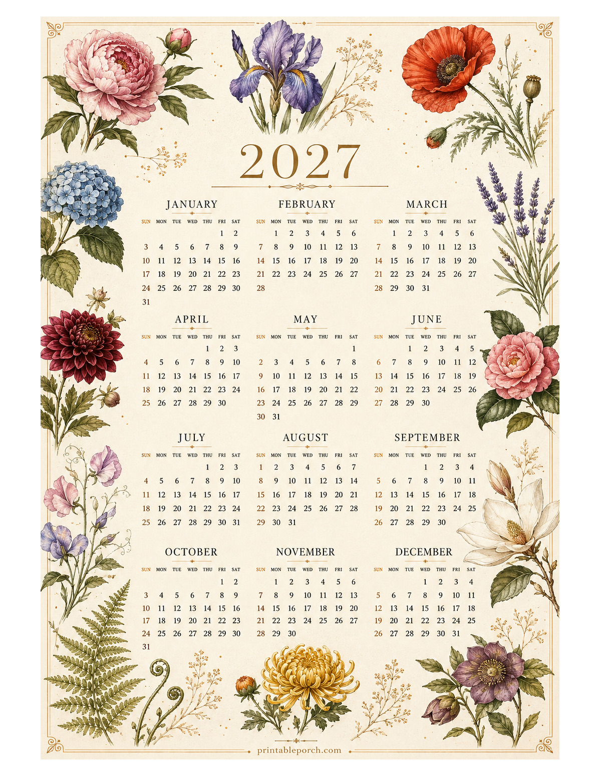 Botanical Border 2027 Yearly Calendar