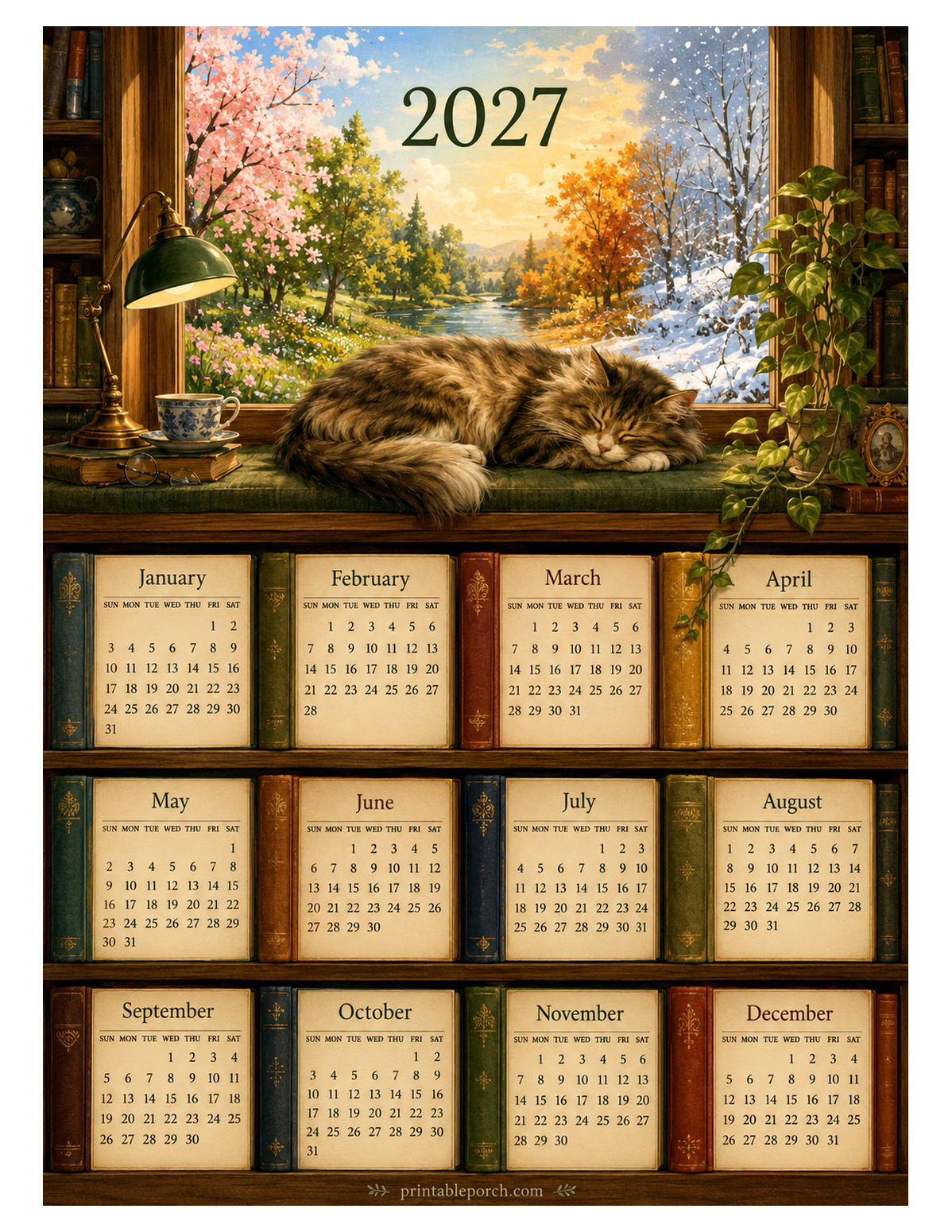 Cat on the Bookshelf 2027 Yearly Calendar