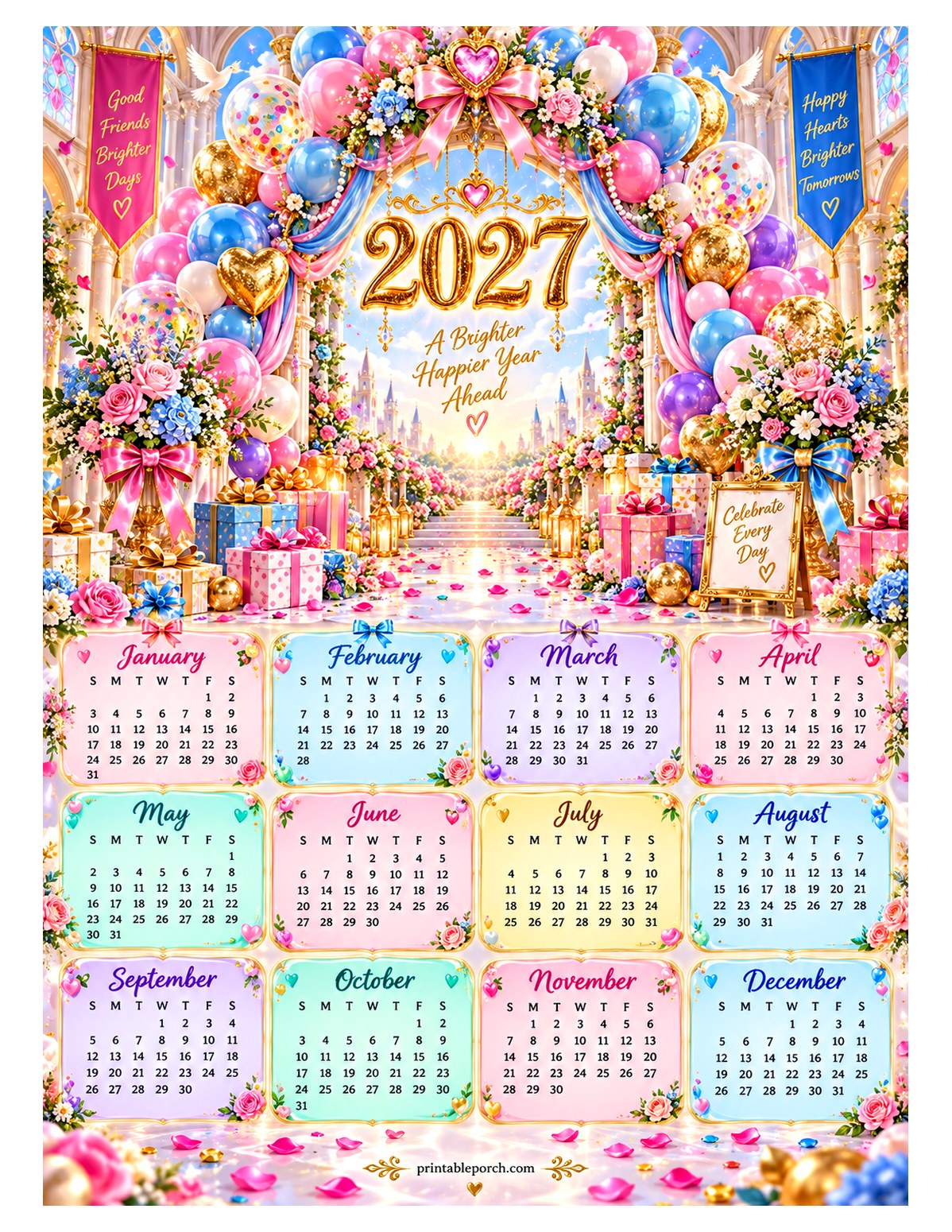 Colorful 2027 Yearly Calendar - Balloon Arch