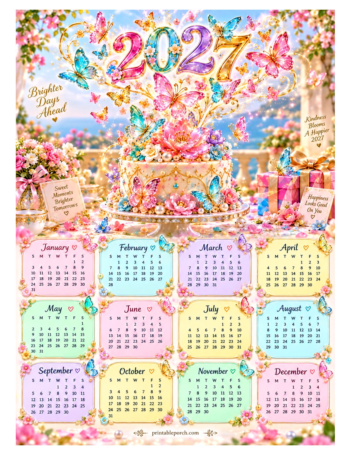 Colorful 2027 Yearly Calendar - Butterfly Cake