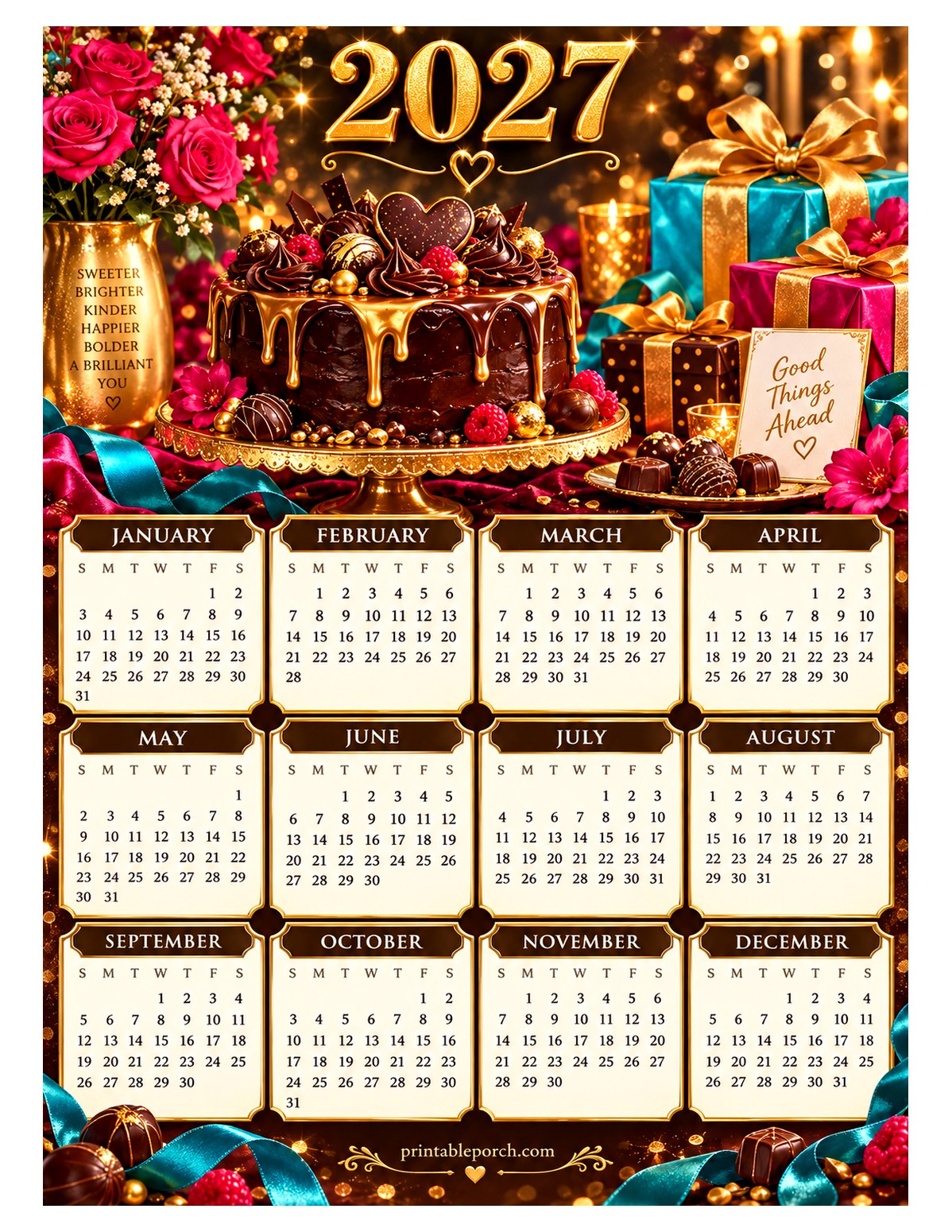 Colorful 2027 Yearly Calendar - Chocolate and Gold