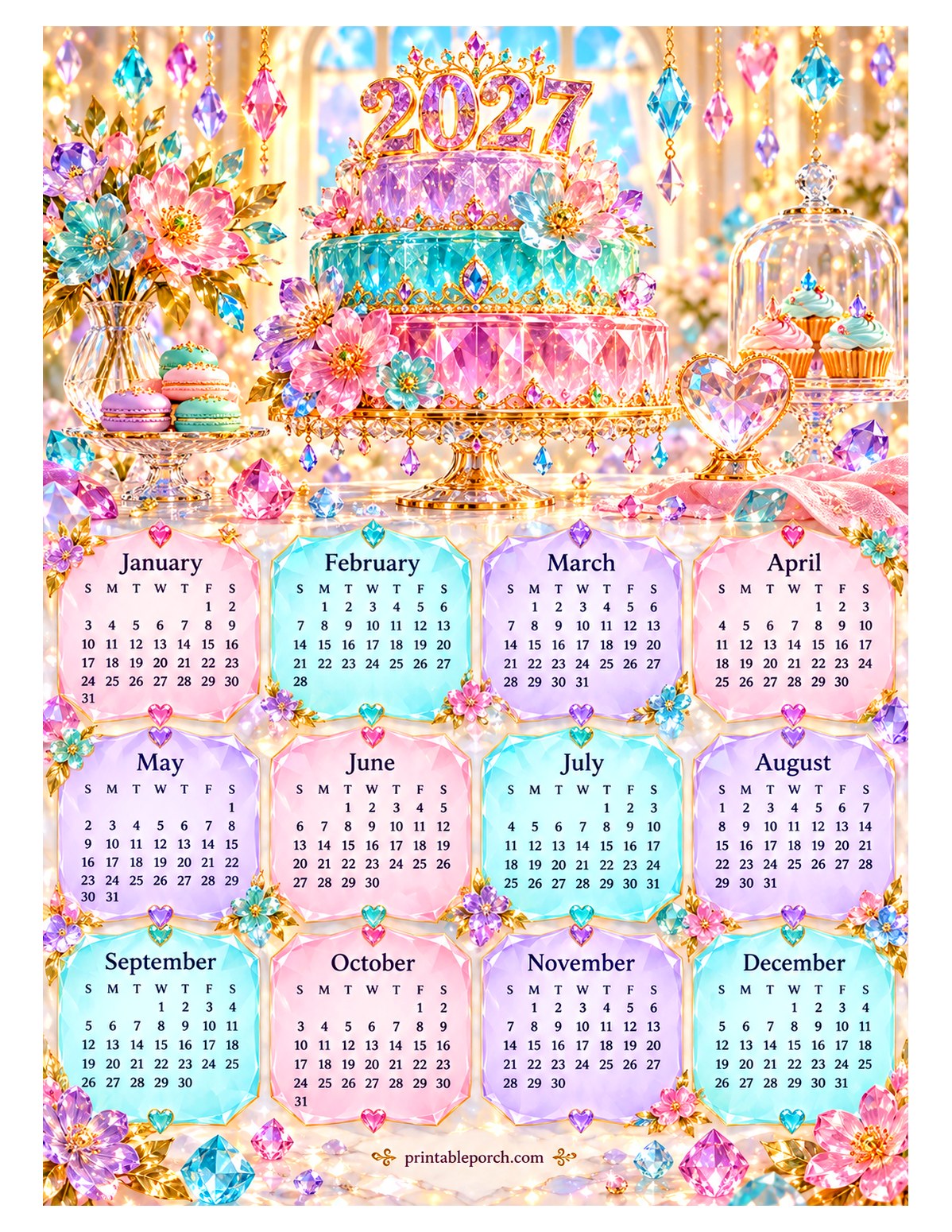 Colorful 2027 Yearly Calendar - Crystal Cake
