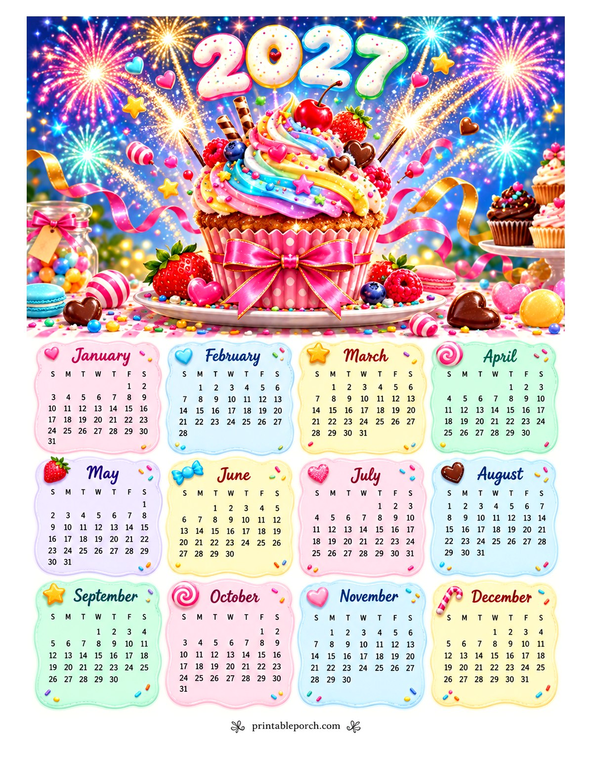 Colorful 2027 Yearly Calendar - Cupcake Fireworks