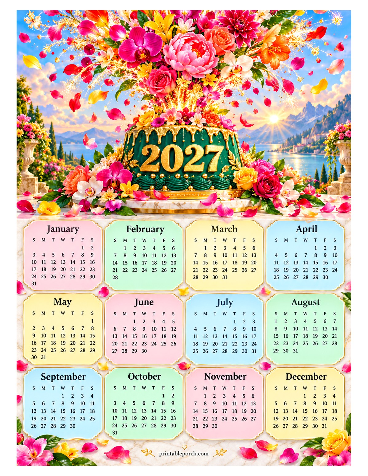 Colorful 2027 Yearly Calendar - Flower Burst
