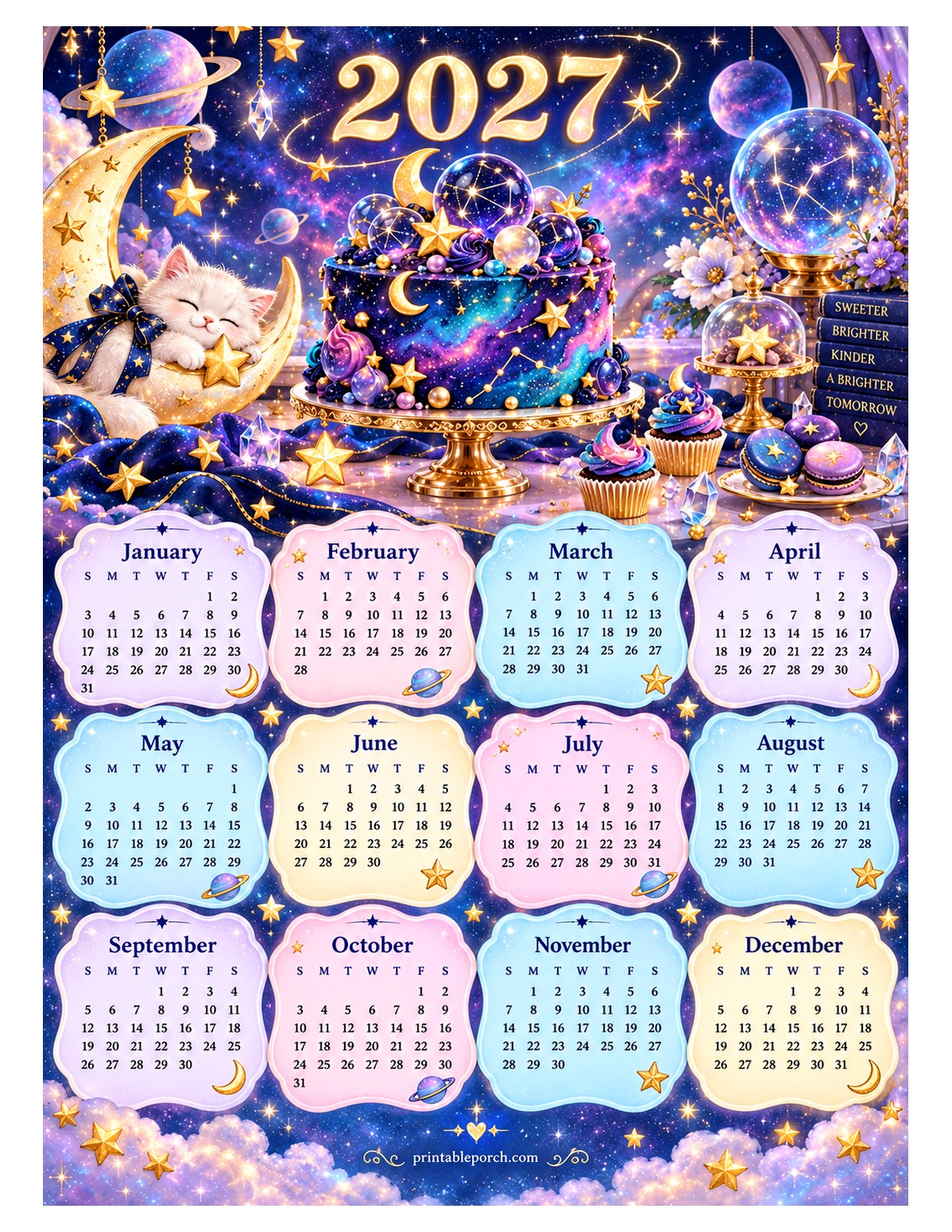 Colorful 2027 Yearly Calendar - Galaxy Kitten