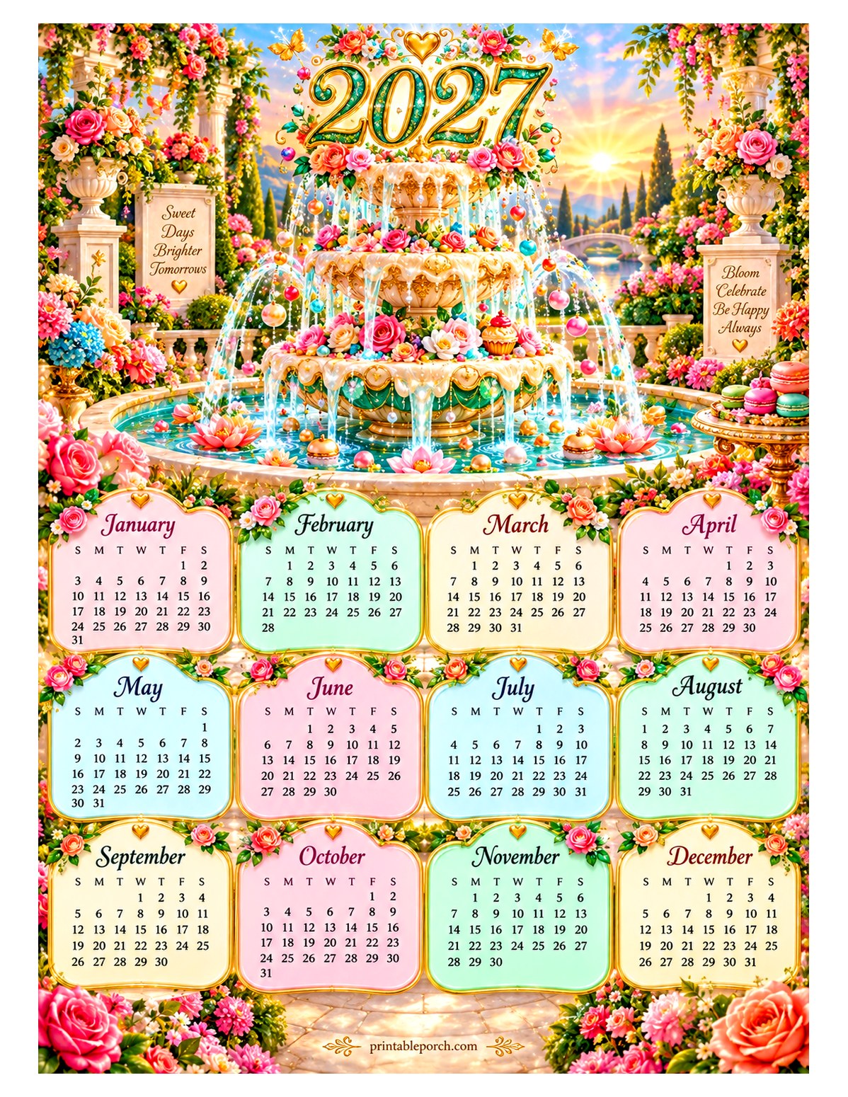 Colorful 2027 Yearly Calendar - Garden Fountain