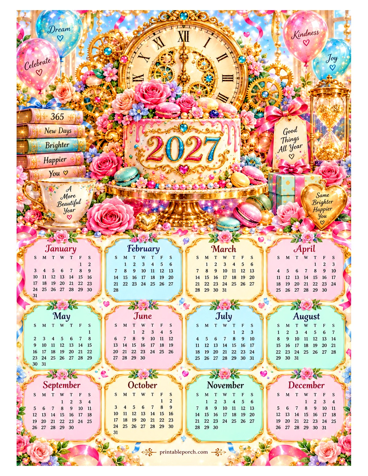 Colorful 2027 Yearly Calendar - Golden Clock