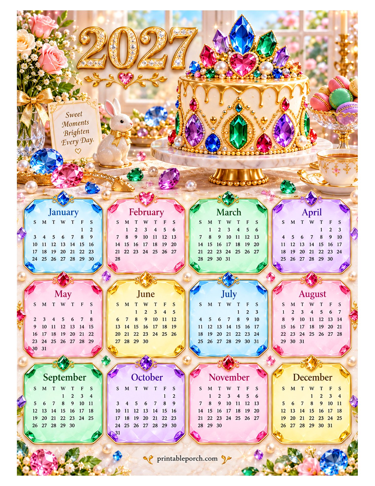 Colorful 2027 Yearly Calendar - Jewel Crown