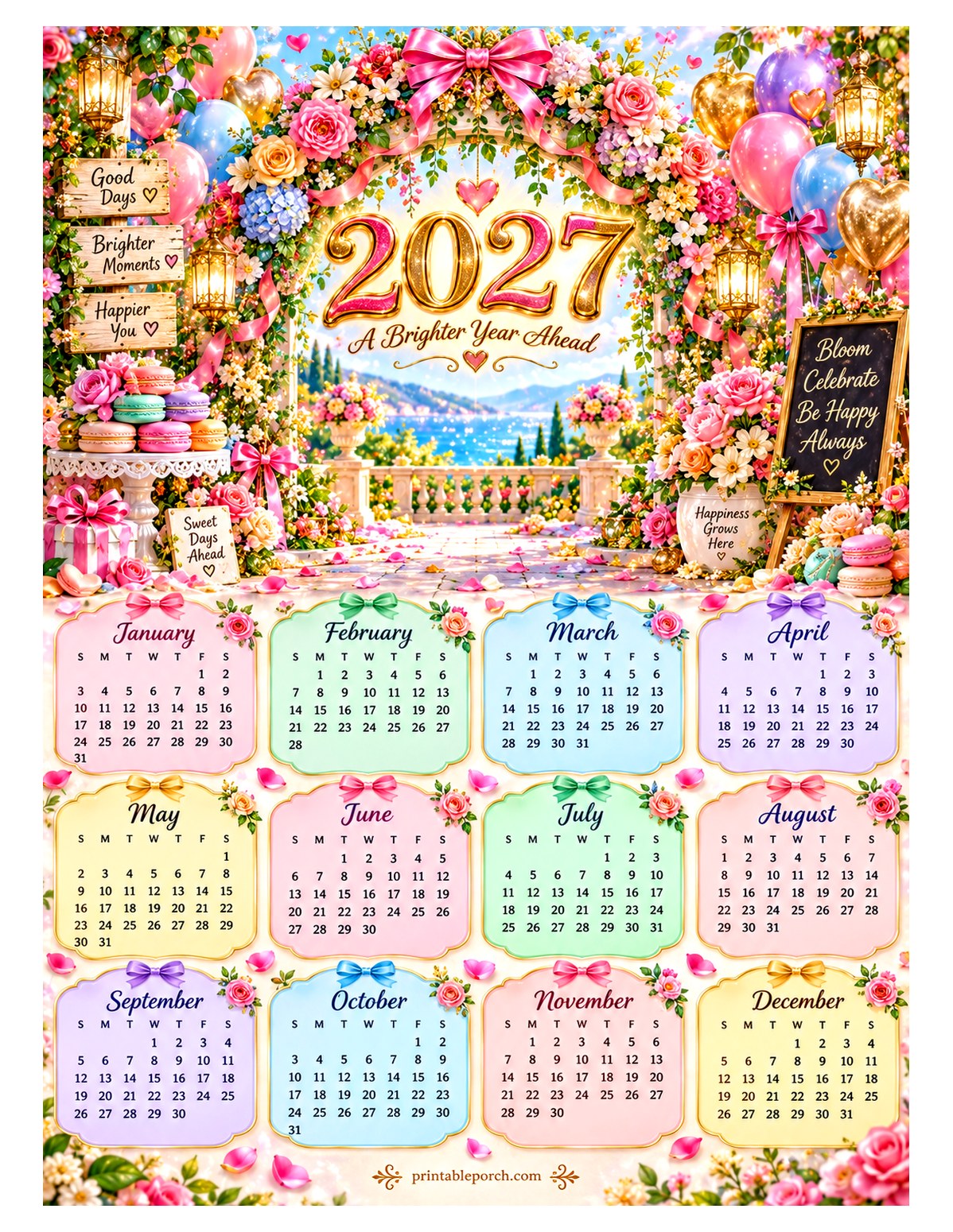 Colorful 2027 Yearly Calendar - Lakeside Arch