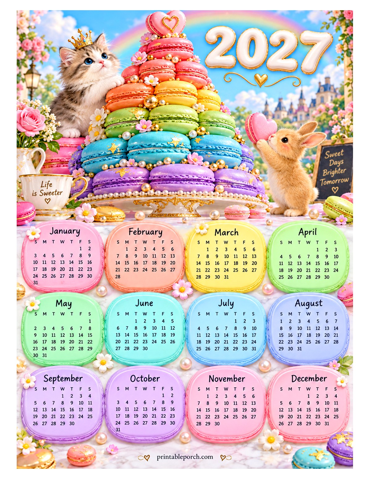 Colorful 2027 Yearly Calendar - Macaron Tower