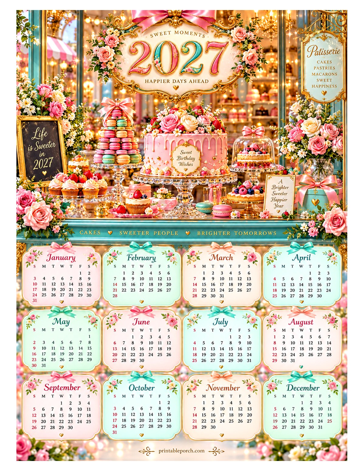 Colorful 2027 Yearly Calendar - Patisserie Window
