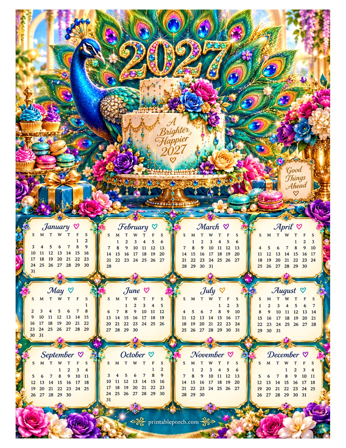Colorful 2027 Yearly Calendar - Peacock Jewels