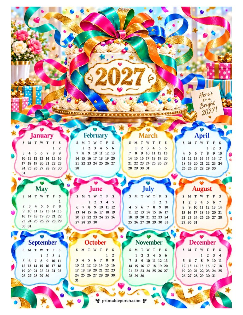 Free Printable Colorful Calendar 2027 - Printable Porch