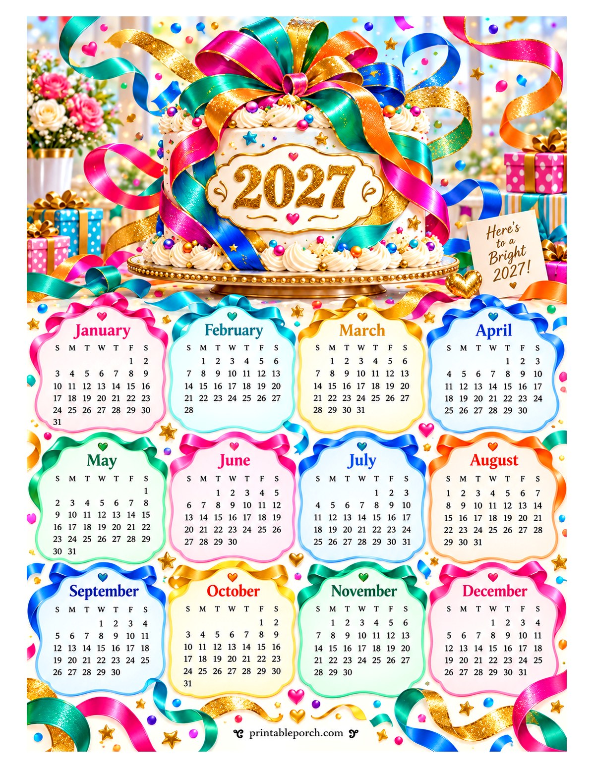 Colorful 2027 Yearly Calendar - Rainbow Ribbons