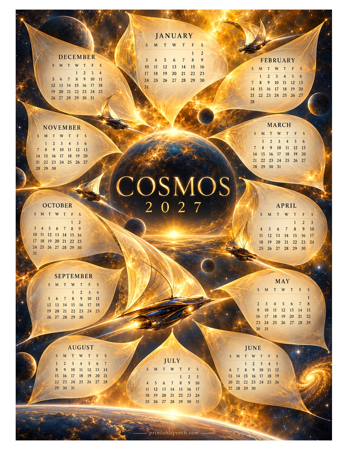 Space 2027 Yearly Calendar - Golden Sails