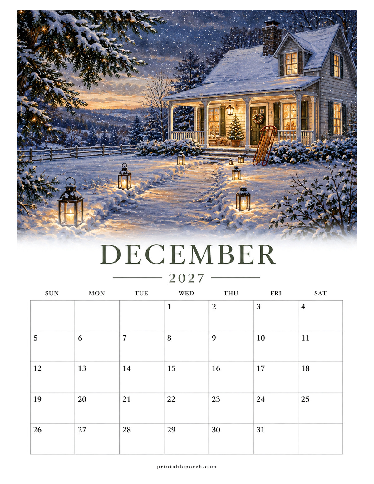 Watercolor Country Cottage December 2027 Calendar