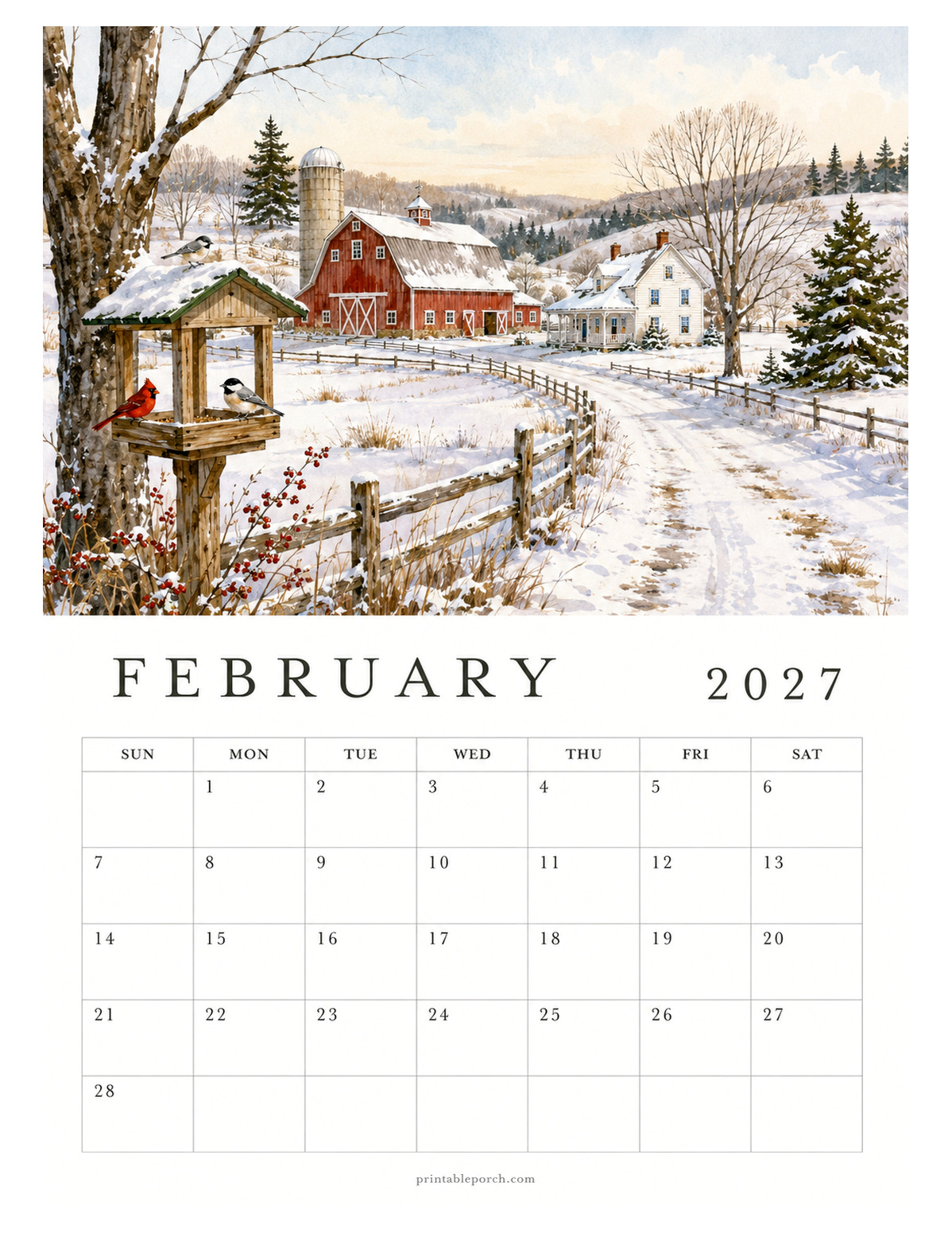 Watercolor Country Cottage February 2027 Calendar