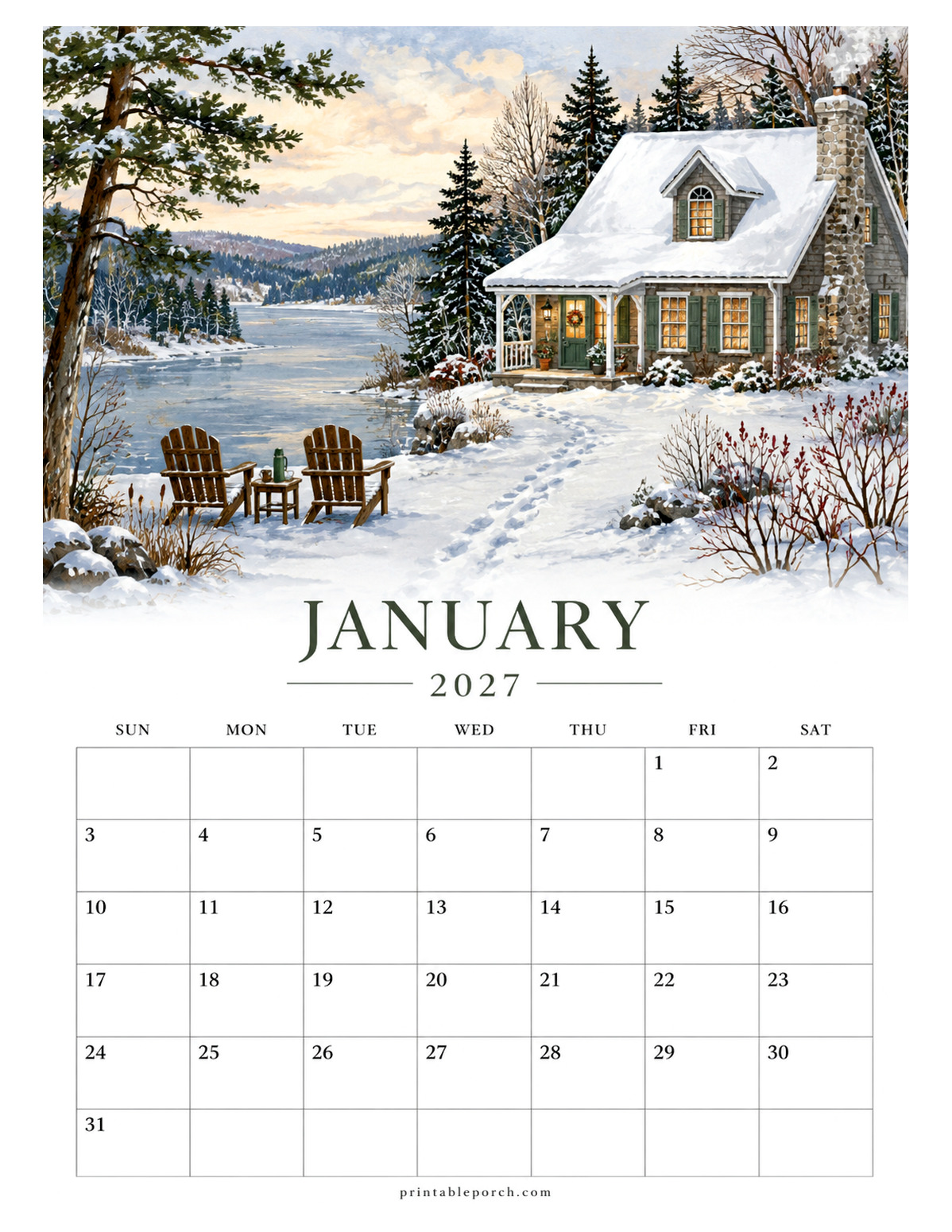 Watercolor Country Cottage January 2027 Calendar