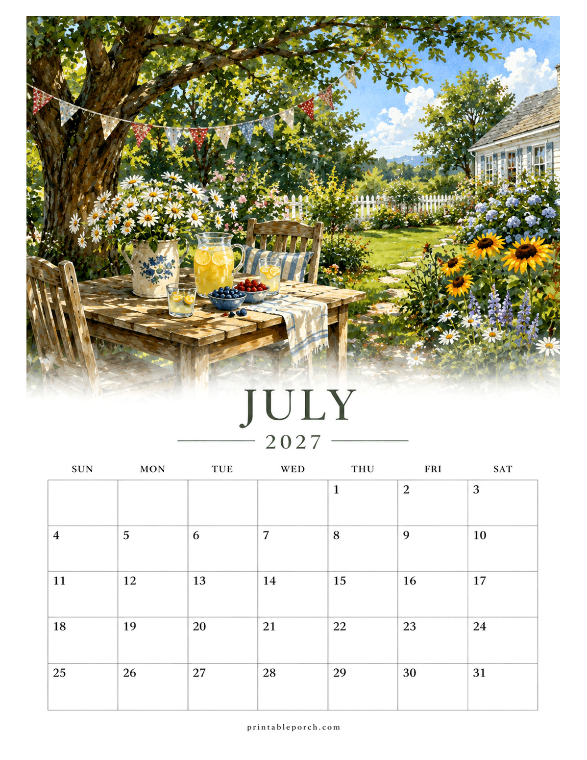 Watercolor Country Cottage July 2027 Calendar